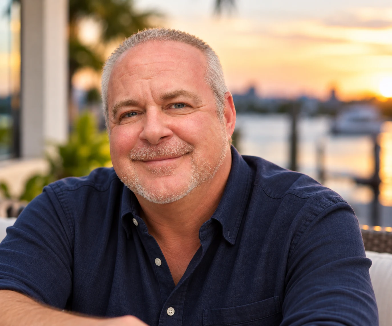 Scott Beal in a navy shirt at a marina at golden hour